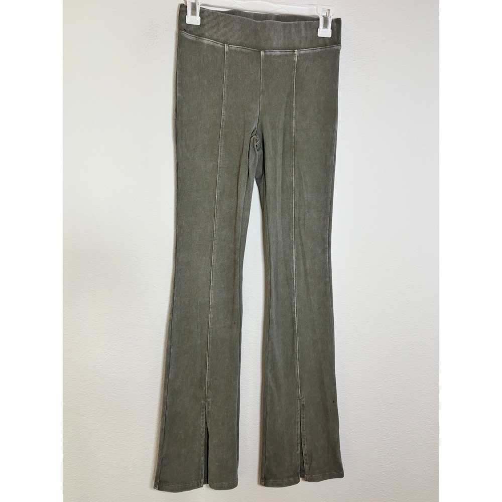 Wild Fable Ribbed Knit Flare Leggings Olive Green Seam Front Side Slit XS